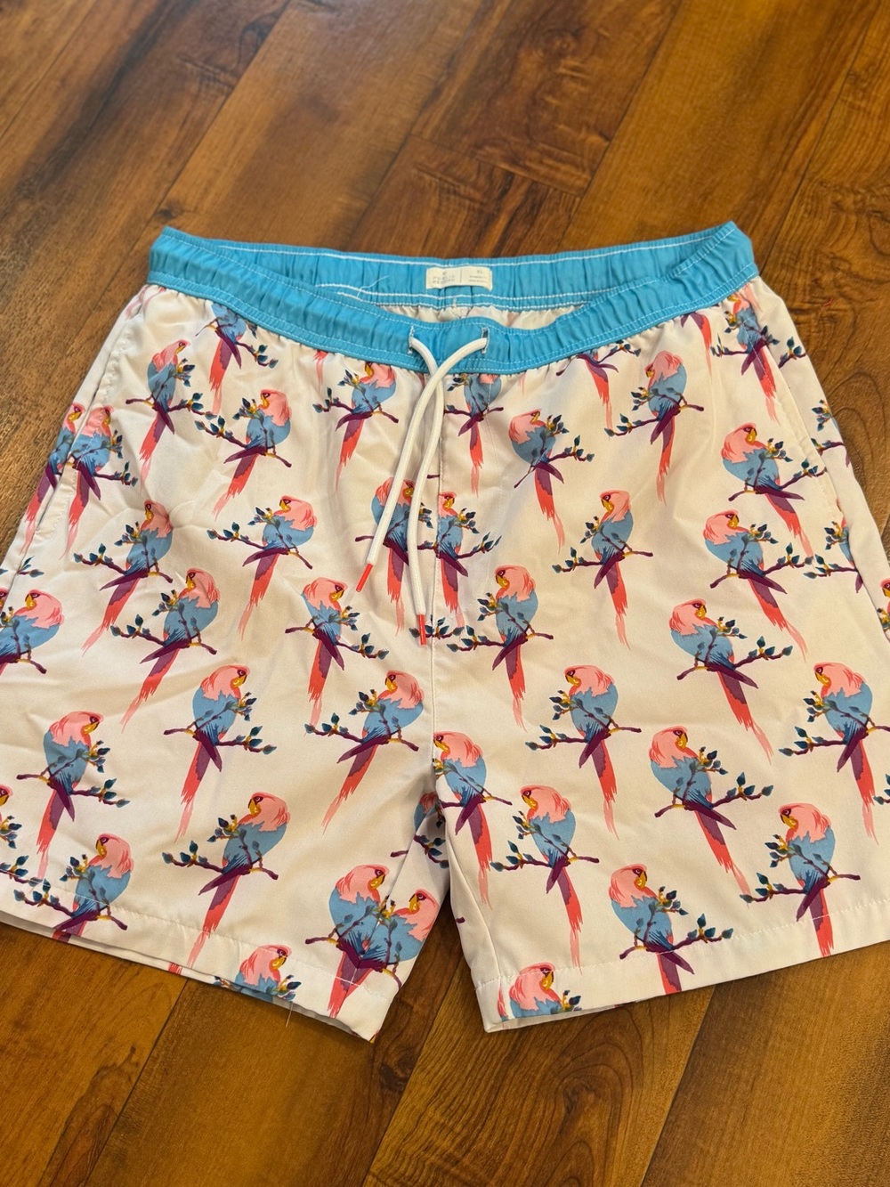 Men’s Public Record Parrot Print Swim Board Shorts Turquoise Waistband Lined XL